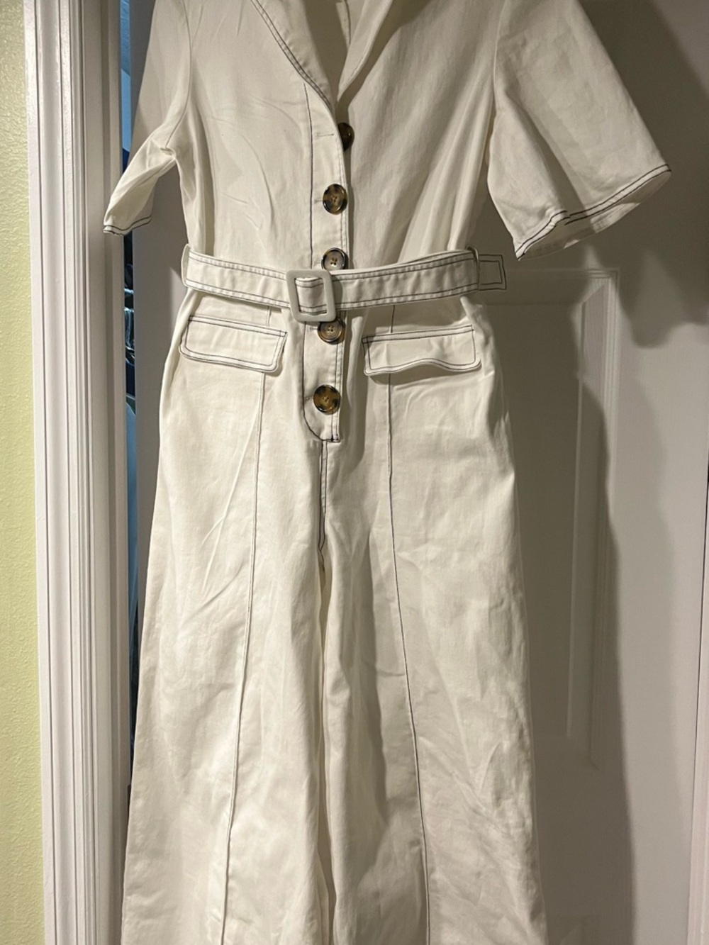 White Short-Sleeve Belted Utility Jumpsuit